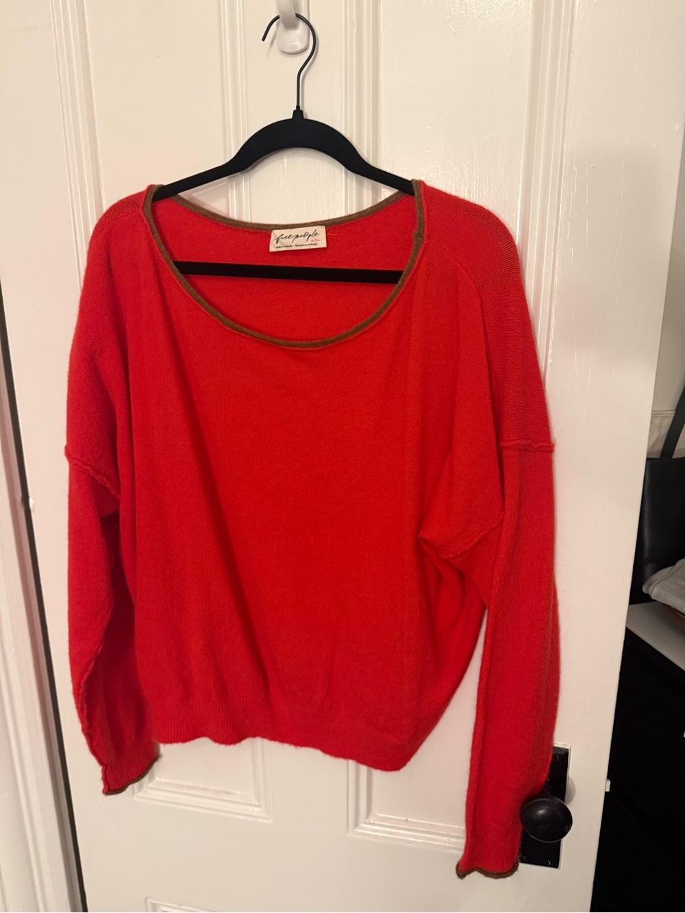 Free People Red Scoop Neck Oversized Sweater w/ Brown accents